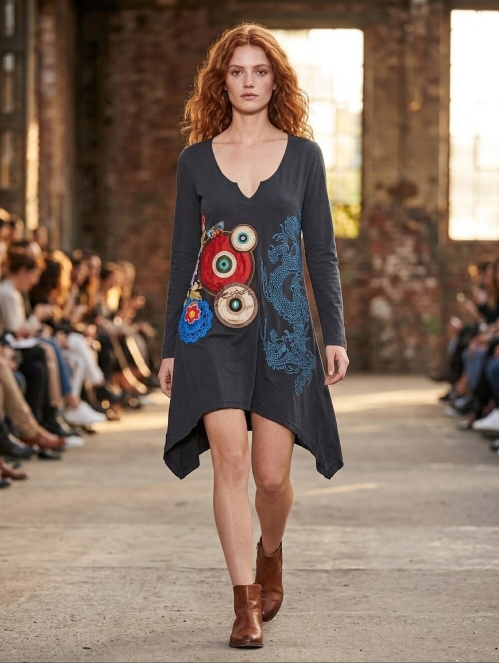 Desigual Embroidered Dragon Boho Asymmetrical Sharkbite Tunic Dress Black M